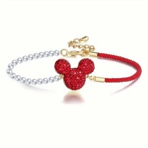 🎄 New! Red Rhinestone Mickey Mouse w Pearls Bracelet w Gift Box